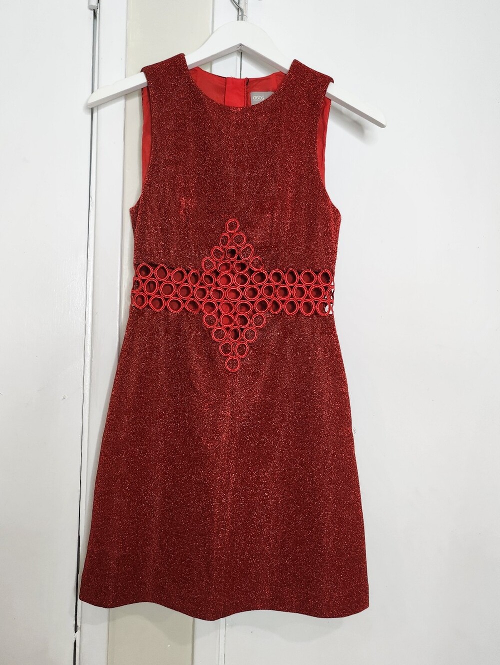 ASOS Shimmer Red Sleeveless Party Dress with Decorative Ring Waist